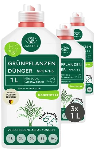 Bio Grünpflanzendünger flüssig 3 Liter (3x1L) - Konzentrat Dünger für Grünpflanzen - 100% Schnelldünger - Zimmerpflanzen-Dünger für 200 Liter Gießwasser - Grünpflanzen Dünger von JASKER'S