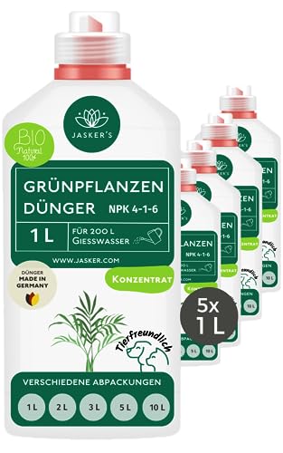 Bio Grünpflanzendünger flüssig 5 Liter (5x1L) - Konzentrat Dünger für Grünpflanzen - 100% Schnelldünger - Zimmerpflanzen-Dünger für 200 Liter Gießwasser - Grünpflanzen Dünger von JASKER'S