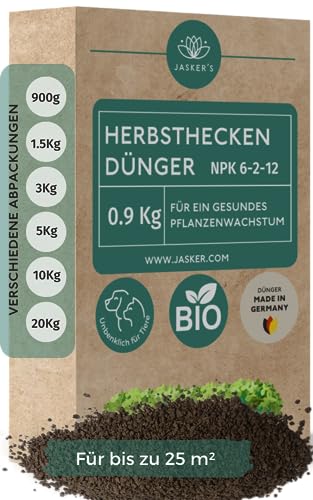 Bio Heckendünger Herbst 0.9 Kg - 100% Tierfreundlicher Pflanzendünger - Ideal als Herbst Dünger für Buchsbaum, Nadelbäume, Thuja Hecken - Viel Kalium & Magnesium für frischgrüne Blätter von JASKER'S