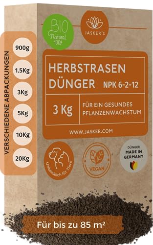 Bio Herbstdünger Rasen 3 Kg ca. 75m² - 100% tierfreundlich Herbstrasendünger - Langzeitdünger Herbstdünger Rasen - Organischer Herbst Rasendünger mit viel Kalium - Herbst-Rasendünger von JASKER'S