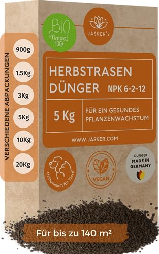 Bio Herbstrasendünger 5 Kg ca. 125m² - 100% tierfreundlich & organisch - Herbstdünger-Rasen - Langzeitdünger mit viel Kalium - Herbst-Rasendünger - Organischer Rasendünger - Kalium-Dünger von JASKER'S