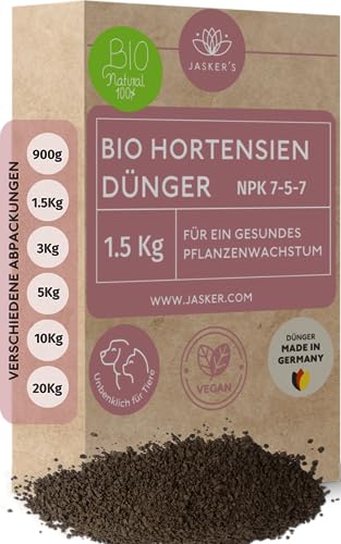 Bio Hortensiendünger Langzeit-Dünger 1.5 Kg - 100% Tierfreundlich & Bio - NPK Pflanzen-Dünger - Hortensien Dünger viel Kalium & Eisen für frischgrüne Blätter - Dünger Hortensien von JASKER'S