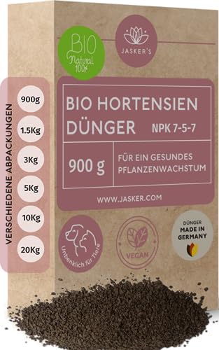 Bio Hortensiendünger Langzeit-Dünger 900 g - 100% Tierfreundlich & Bio - NPK Pflanzen-Dünger - Hortensien Dünger viel Kalium & Eisen für frischgrüne Blätter - Dünger Hortensien von JASKER'S