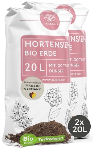 Bio Hortensienerde 40 L (2x20L) - Blumenerde für Hortensien aus 40% weniger Torf - Pflanzerde für weiße & rosafarbige Hortensien - Erde für Hortensien mit Dünger - Erde für Pflanzen von JASKER'S