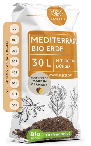 Bio Mediterrane Erde & Kübelpflanzenerde mediterran 30 L - Mediterrane Pflanzenerde mit 40% weniger Torf - Mediterane Pflanzerde mit Dünger - Als Lavendel Erde, Plumeria Erde & Oleander Erde von JASKER'S