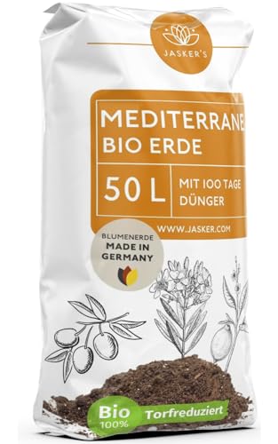 Bio Mediterrane Erde & Kübelpflanzenerde mediterran 50 L - Mediterrane Pflanzenerde mit 40% weniger Torf - Mediterane Pflanzerde mit Dünger - Als Lavendel Erde, Plumeria Erde & Oleander Erde von JASKER'S