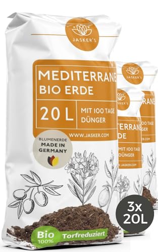 Bio Mediterrane Erde & Kübelpflanzenerde mediterran 60 L (3x20L) - Mediterrane Pflanzenerde mit 40% weniger Torf - Mediterane Pflanzerde mit Dünger - Als Lavendel Erde, Plumeria Erde & Oleander Erde von JASKER'S