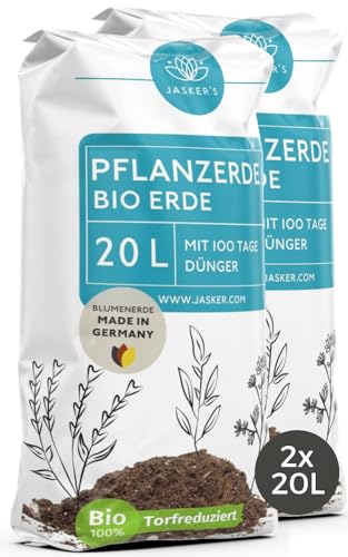 Bio Pflanzerde 40 L (2x20L) - Erde für Pflanzen, Bäume, Stauden & Sträucher mit 40% weniger Torf - Universalerde - Gartenerde - Erde Garten - Erde für Bäume, Stauden & Sträucher - Pflanzenerde von JASKER'S