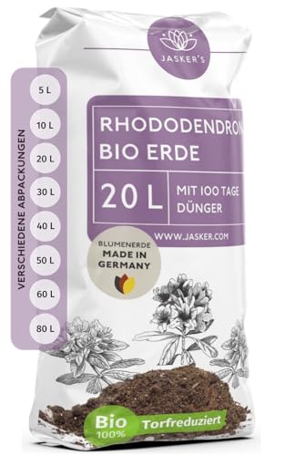 Bio Rhododendronerde 20 L - Saure Erde mit 20% weniger Torf für Moorbeetpflanzen - Erde für Pflanzen mit Dünger - Saure Blumenerde - Pflanzenerde mit saurem PH-Wert von JASKER'S