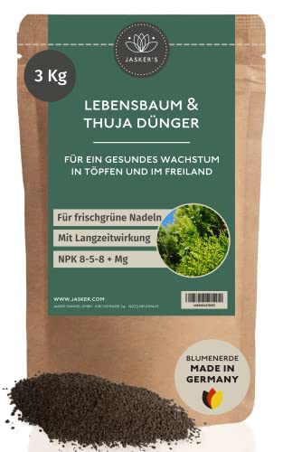 Bio Thuja Dünger Langzeit 3 Kg - 100% Bio & Tierfreundlich - NPK Koniferen Dünger viel Kalium & Eisen für frischgrüne Nadeln - Tannen-Dünger - Hecken-Dünger Thuja Smaragd Bio Thuja Dünger Langzeit 3 Kg - 100% Bio & Tierfreundlich - NPK Koniferen Dünger viel Kalium & Eisen für frischgrüne Nadeln - Tannen-Dünger - Hecken-Dünger Thuja Smaragd von JASKER'S