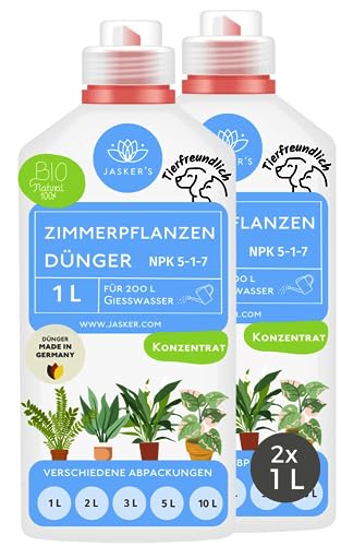 Bio Zimmerpflanzen Dünger flüssig 2 Liter (2x1L) - Konzentrat Dünger für Zimmerpflanzen - 100% Schnelldünger - Flüssigdünger für 400 Liter Gießwasser - Bio Dünger Zimmerpflanzen von JASKER'S