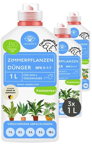 Bio Zimmerpflanzen Dünger flüssig 3 Liter (3x1L) - Konzentrat Dünger für Zimmerpflanzen - 100% Schnelldünger - Flüssigdünger für 200 Liter Gießwasser - Bio Dünger Zimmerpflanzen von JASKER'S