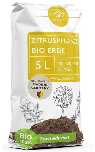 Bio Zitruserde 5 L mit Dünger - Mediterrane Pflanzenerde - 100% natürliche Rohstoffe - torfreduzierte Blumenerde & optimale Nährstoffversorgung für leckere Zitronen - Zitruspflanzenerde von JASKER'S