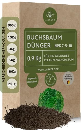 Buchsbaum Dünger 0.9 Kg - 100% Tierfreundlich - Ideal als Dünger für Buchsbaum Hecken - Viel Kalium & Magnesium für frischgrüne Blätter - Organischer Buchsbaumdünger Langzeitdünger von JASKER'S