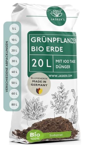 Grünpflanzenerde 20 L - Zimmerpflanzen Erde aus 100% nachwachsenden Rohstoffen - Erde für Zimmerpflanzen mit Dünger - Zimmerpflanzenerde - Blumenerde - Pflanzenerde Zimmerpflanzen von JASKER'S