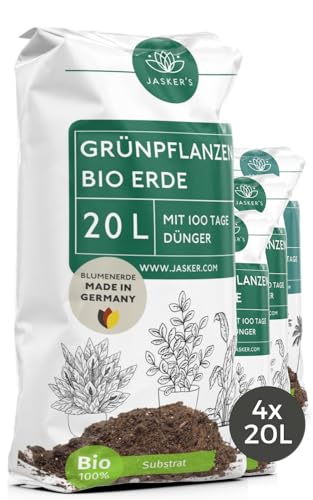 Bio Grünpflanzenerde 80 L (4x20L) - Blumenerde Zimmerpflanzen Erde aus 45% weniger Torf - Erde für Zimmerpflanzen mit Dünger - Zimmerpflanzenerde - Pflanzenerde Zimmerpflanzen - Erde für Pflanzen von JASKER'S