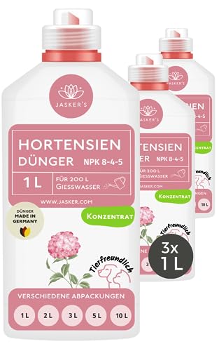 Hortensiendünger flüssig 3 Liter (3x1L) - 100% Turbo Schnelldünger mit Guano - Flüssiger Organischer Hortensien Dünger - Flüssigdünger für Hortensien im Kübel & Freiland - Dünger Hortensien von JASKER'S