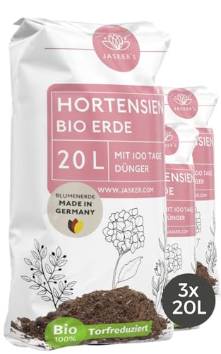 Bio Hortensienerde 60 L (3x20L) - Blumenerde für Hortensien aus 40% weniger Torf - Pflanzerde für weiße & rosafarbige Hortensien - Erde für Hortensien mit Dünger - Erde für Pflanzen von JASKER'S