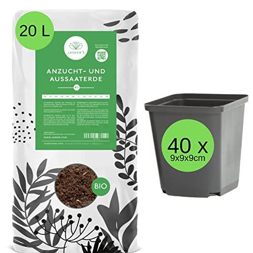 JASKER'S Bio Anzuchterde 20 L + 40 x Anzuchttöpfe eckig - 100% Torffrei - Ungedüngte Aussaaterde zur Anzucht - Ansaaterde Für Stecklinge - Anzucht-Erde für Tomaten, Chili, Kräuter, Gemüse von JASKER'S