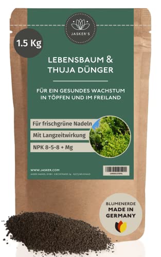 Bio Thuja Dünger Frühjahr Langzeit 1.5 Kg - 100% Bio & Tierfreundlich - NPK Koniferen Dünger viel Kalium & Eisen für frischgrüne Nadeln - Tannen-Dünger - Hecken-Dünger Thuja Smaragd von JASKER'S