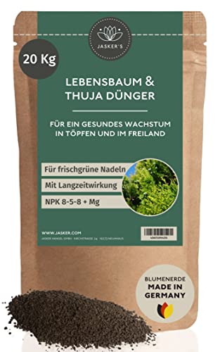 Bio Thuja Dünger Langzeit 20 Kg - 100% Bio & Tierfreundlich - NPK Koniferen Dünger viel Kalium & Eisen für frischgrüne Nadeln - Tannen-Dünger - Hecken-Dünger Thuja Smaragd von JASKER'S