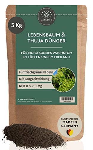 Bio Thuja Dünger Frühjahr Langzeit 5 Kg - 100% Bio & Tierfreundlich - NPK Koniferen Dünger viel Kalium & Eisen für frischgrüne Nadeln - Tannen-Dünger - Hecken-Dünger Thuja Smaragd von JASKER'S