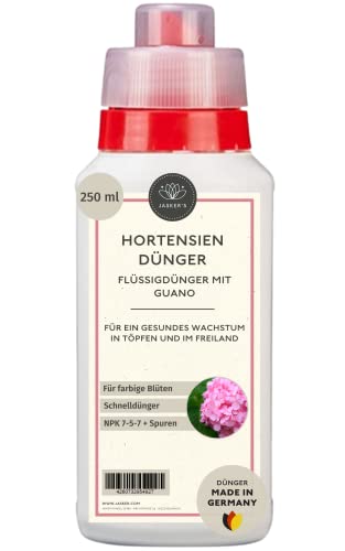 JASKER'S Hortensiendünger flüssig 250 ML - 100 Prozent Turbo Schnelldünger mit Guano - Flüssiger Organischer Hortensien Dünger - Flüssigdünger für Hortensien im Kübel & Freiland - Dünger Hortensien von JASKER'S