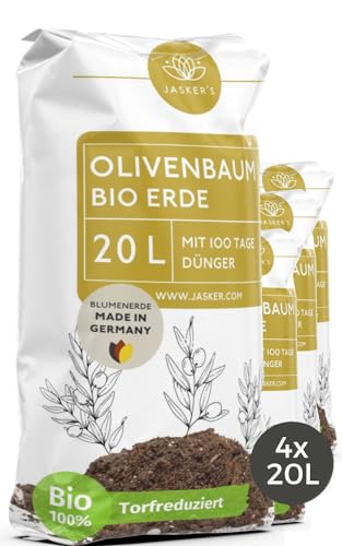 Olivenbaum Erde 80 L (4x20L) mit Dünger - Mediterrane Pflanzenerde - Aus 100% natürlichen Rohstoffen für kräftige Oliven - Erde für Olivenbäume Pflanzen - Erde Olivenbaum - Olivenbaum-Erde von JASKER'S