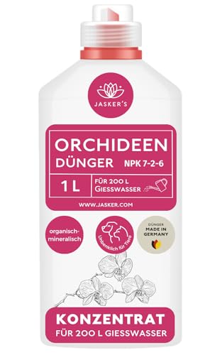 Orchideendünger flüssig 1 L - Orchideen Dünger Konzentrat - 100% Schnelldünger - Dünger Orchideen flüssig für 200 Liter Gießwasser - Wurzel & Blatt Flüssigdünger mit Langzeitwirkung von JASKER'S