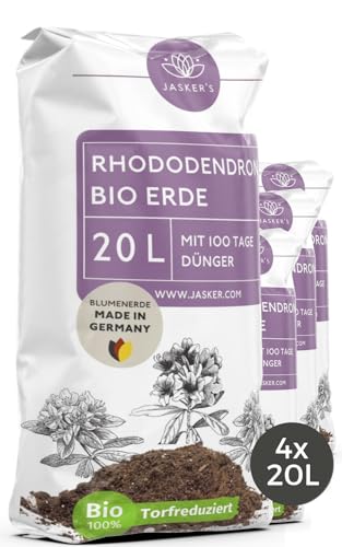 Bio Rhododendronerde 80 L (4x20L) - Saure Erde mit 20% weniger Torf für Moorbeetpflanzen - Erde für Pflanzen mit Dünger - Saure Blumenerde - Pflanzenerde mit saurem PH-Wert von JASKER'S