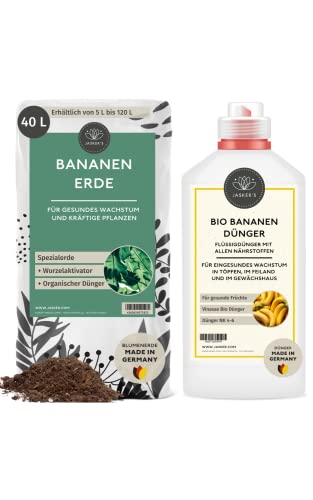 SPARSET Bananenerde 40 L & Bananendünger flüssig 1 L - Bananen Erde mit 100 Tage NPK Bananen Dünger für kräftige Pflanzen - Luftig lockere Erde für Bananen Musa Arten + Flüssigdünger von JASKER'S