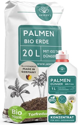 SPARSET Palmenerde 20 L + 1 L Palmendünger flüssig - Luftig Lockere Erde Für Pflanzen - Palmen & Hanfpalmen - Blumenerde Zimmerpflanzen - Pflanzen Erde für Palmen mit Dünger für Palmen von JASKER'S