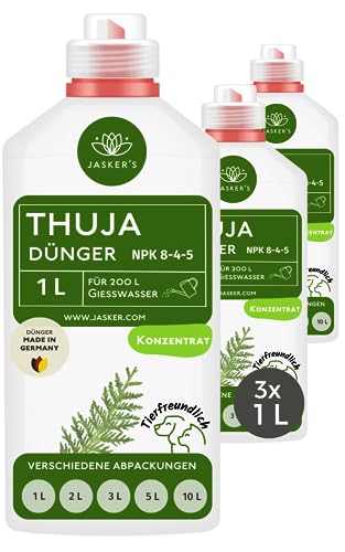 Thuja Dünger flüssig 3 Liter Konzentrat - Koniferen Dünger - Flüssigdünger für 600 Liter Gießwasser - 100% Schnelldünger - Organischer Koniferendünger - Kalium Dünger für Thuja Smaragd von JASKER'S