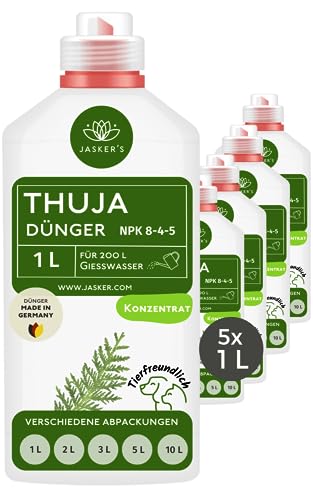 Thuja Dünger flüssig 5 Liter Konzentrat - Koniferen Dünger - Flüssigdünger für 1000 Liter Gießwasser - 100% Schnelldünger - Organischer Koniferendünger - Kalium Dünger für Thuja Smaragd von JASKER'S