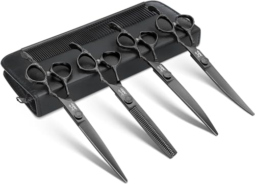 JASON Profi Hundeschere Set - 6 in 1 Hundeschere Set, Gerade/Gebogene/Chunker Schere und Kamm für Hund Katze Haustier mit Verstellbarer Schraube，Schwarz von JASON