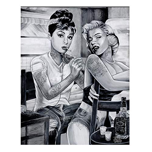 Schwarz Weiß Marilyn Monroe Und Audrey Hepburn Portrait Leinwand-Malerei Wandkunst Tattoo Rauchen Frauen Poster Und Drucke Wohnkultur Bilder Für Schlafzimmer, Wohnzimmer, Rahmenlos,60×80cm von JASONN