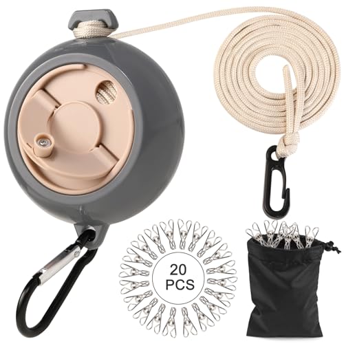 JASUEN Wäscheleine Ausziehbar für Camping and Reise - Updated Extralange 10m Tragbare and Robuste Schnur mit Großer Kurbel (Grau mit Khaki) von JASUEN
