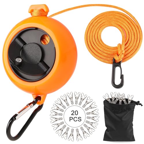 JASUEN Wäscheleine Ausziehbar für Camping and Reise - Updated Extralange 10m Tragbare and Robuste Schnur mit Großer Kurbel (Orange mit Schwarz) von JASUEN
