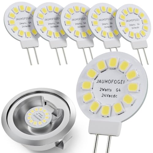 JAUHOFOGEI G4 LED 24V 28V 2 Watt ersatz für 20W Halogen Glühbirne - G4 Mini LED Kaltweiss 6000K Rund - G4 Stiftsockel LED Lampen Birnen - G4 Einbaustrahler Einbauspot - G4 Stiftsockellampe 2W - 6er von JAUHOFOGEI