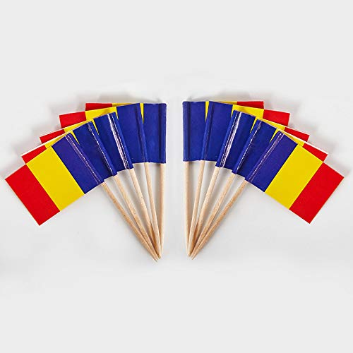 JAVD CYPS 100 Stück rumänische Flagge Zahnstocher Flaggen, kleine Mini-Stick-Cupcake-Topper, rumänische Flaggen, Landhaus-Plektren, Party-Dekoration, Feier, Cocktail, Essen, Bar, Kuchenflaggen von JAVD