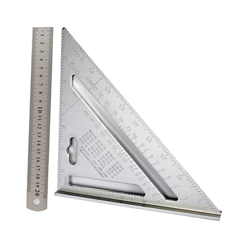 7-Zoll Anschlagwinkel Dreieck Lineal Aluminiumlegierung, und 20cm-Edelstahllineal-Set , Silber Hochpräzises Winkelmesser Layout-Messwerkzeug für Tischleringenieure Messlineal Werkzeug (Metrisch) von JAVOUKA