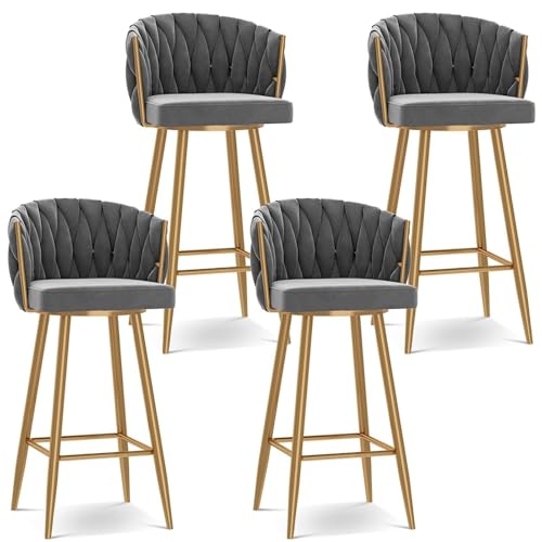 JAVPTAV Barhocker, Frühstückstheke, Barstühle, Hoher Hocker, Samtgepolsterter Sitz, 360° Drehbarer Küchenhocker mit Fußstütze for Kücheninsel, Pub, Bistro,Grün(Grey 4 Pcs,Gold Leg) von JAVPTAV