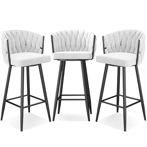 JAVPTAV Barhocker, Frühstückstheke, Barstühle, Hoher Hocker, Samtgepolsterter Sitz, 360° Drehbarer Küchenhocker mit Fußstütze for Kücheninsel, Pub, Bistro,Grün(White 3 Pcs,Black Leg) von JAVPTAV