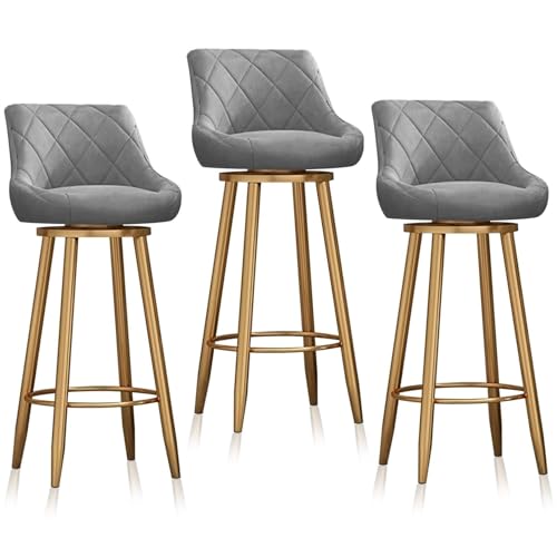 JAVPTAV Drehbare Barhocker, 3er-Set, Stuhl in Thekenhöhe mit Rückenlehne, 65 cm hoch, drehbare Barstühle/Samt-Kücheninselhocker for Küche, Pub(Grey 65cm,3 PCS Gold Leg) von JAVPTAV