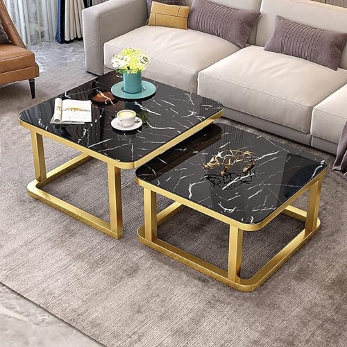 Moderner Couchtisch, Satz mit 2 stapelbaren Beistelltischen, Marmoreffekt, glatte Tischplatte aus gehärtetem Glas for Wohnzimmer, Sofatische aus Metall (Farbe: schwarzer Rahmen). ( Color : Gold Frame von JAVPTAV