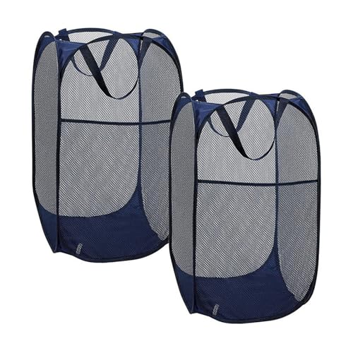 2 Stück Laundry Basket Mesh, Netz-Wäschekorb Faltbar, Faltbarer Netz-Wäschekorb mit Robusten Griffen, Pop-Up Faltbare Wäschekörbe, Geeignet für Kinderzimmer, Studentenwohnheime und Reisen(Dunkelblau) von JAWAI
