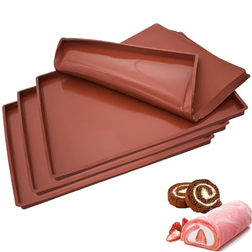 4 Stück Rollmatte aus Silikon, Swiss Roll Backmatte, Rutschfest Silikon Backblech, Backblech aus Weichem für Gerollten Obsttrockner mit Schaber von JAWAI