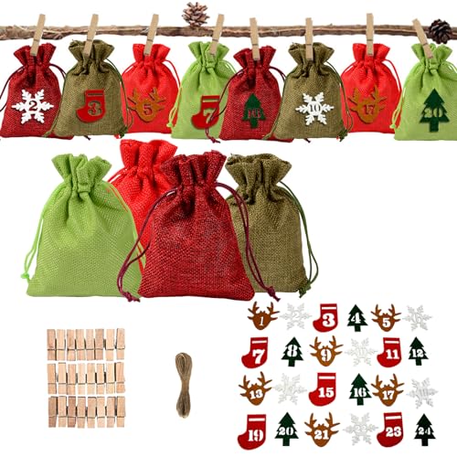 73 Stück 24 Adventskalender Säckchen Weihnachtskalender Jute Beutel Aufhängen Tüten Adventskalender Säckchen DIY Weihnachtsbeutel mit Nummernschildern und 24 Klammern Taschen für Kalender Überraschung von JAWAI