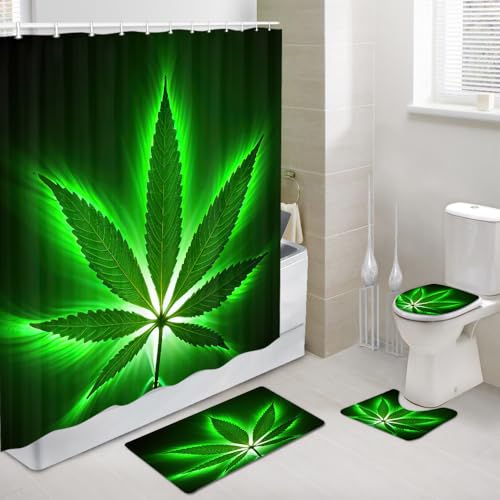 JAWO Cannabisblatt-Duschvorhang-Sets mit Badematte, Konturmatte und WC-Deckelbezug, Unkrautblatt, grünes Marihuana-Blatt, Unkraut, Duschvorhang-Set, Unkrautteppich mit Haken, 175 x 178 cm von JAWO