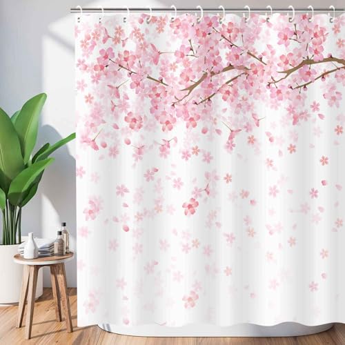 JAWO Duschvorhang mit Blumenmuster für Badezimmer, Frühlingsblumen, Kirschblüten, Kirschblüten, Duschvorhang, rosa fallende Blütenblätter, Janpenesischer Stil, Polyesterstoff, Badvorhänge-Set mit von JAWO